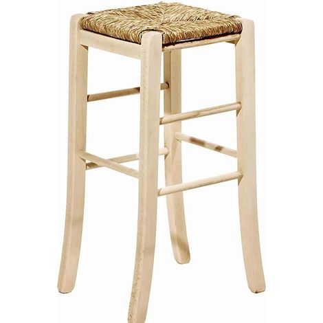 Hocker aus rohem Holz h 67 cm mit quadratischem Sitz aus Stroh und Säbelfuß