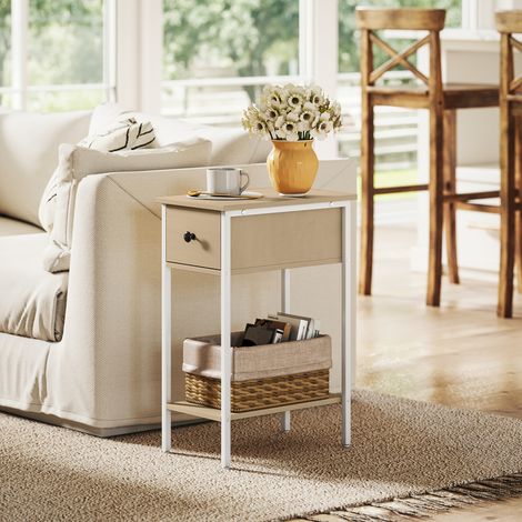 Schmaler Beistelltisch mit Schublade, offenem Fach und Metallgestell für Wohn- und Schlafzimmer, 25 x 39,8 x 58,2 cm, Natur