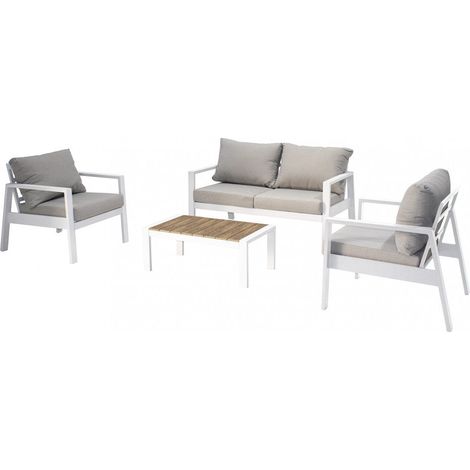 Salotto da esterno struttura in alluminio bianco 1 divano 2 poltrone e 1 tavolino con cuscini Parama (1/2)