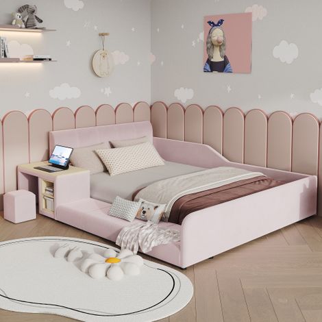 Letto imbottito, letto singolo con scrivania e sgabello per bambini, con ripiano contenitore, testiera morbida, letto per bambini con doghe in legno, velluto, rosa, 140x200 cm (1/5)