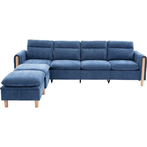 Canapé d'angle U 4 places en chenille bleu – 2 poufs de rangement, modulable – pour salon ou grand séjour (1/5)