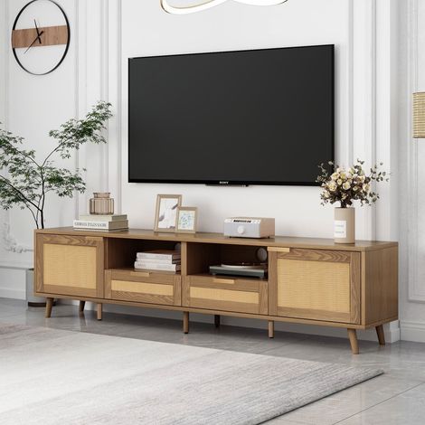 Meuble TV en rotin naturel - Dimensions 200x37x49cm - Structure bois massif - Panneau décoratif rotin (1/5)