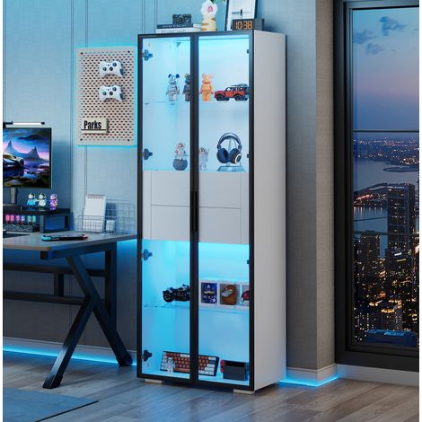 Vitrine LED 60 x 40 x 160 cm en MDF et verre trempé, 2 tiroirs, blanche OKMYHOME (1/5)