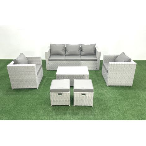 Fimous Salon de jardin avec Canapé 3 places 2 Chaise Table basse rectangulaire 2 Petits tabourets Gris clair mixte 7 places (1/5)