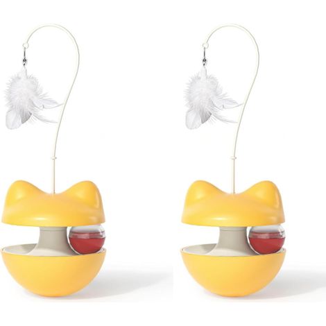 Juguete para gatos de interior, dispensador de premios mecedor con bola que gotea y pluma extraíble, juguete interactivo para gatos (2 piezas) (1/4)