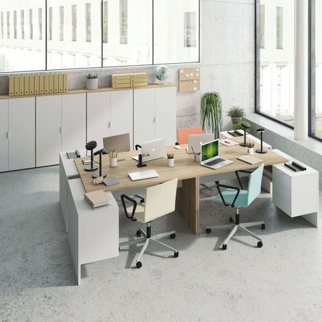 Pack Muebles Despacho Oficina Completo 4 Mesas 4 Armarios Color Blanco Y Canadian Estilo Moderno