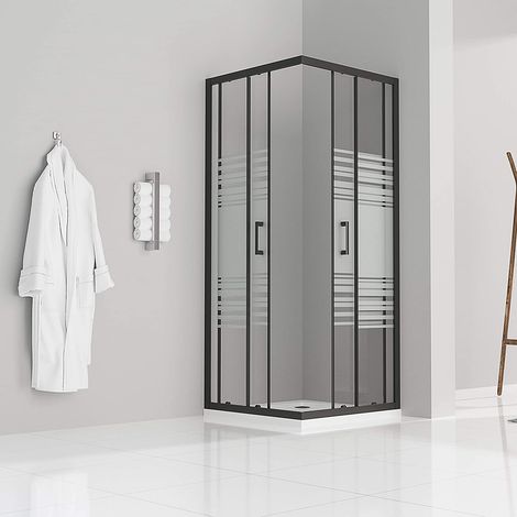 Duschkabine mit Schiebetüren Eckdusche mit Rollensystem aus teilsatiniertem ESG Glas 180cm Hoch mit schwarzen Profilen DK79 80x80 cm (1/5)