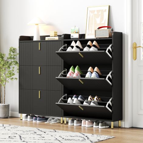 Lotto di mobili porta scarpe, con due scaffali stretti per scarpe a tre ante, 6 scomparti, protezione anti-ribaltamento per ingresso, 80x23.5x123.5 cm - Nero (1/5)