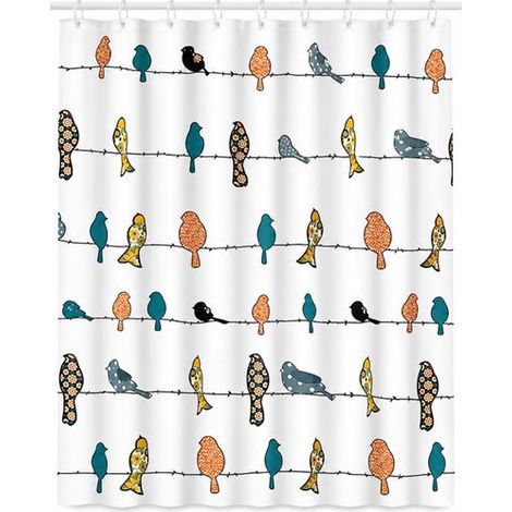 Rideau de douche 180 x 200 cm en microfibre, rideau de salle de bain imprimé oiseaux, pour douche, baignoire et cabine de douche (1/5)