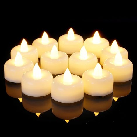 Lot de 12 bougies thé LED sans flamme, fonctionnant sur piles, bougies électriques factices pour photophores, Halloween, Noël, décoration intérieure, mariage et tables (lot de 12) (1/5)