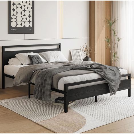 Cama de adulto 140x200 cm en metal negro con cabecero y almacenaje bajo la cama (1/5)