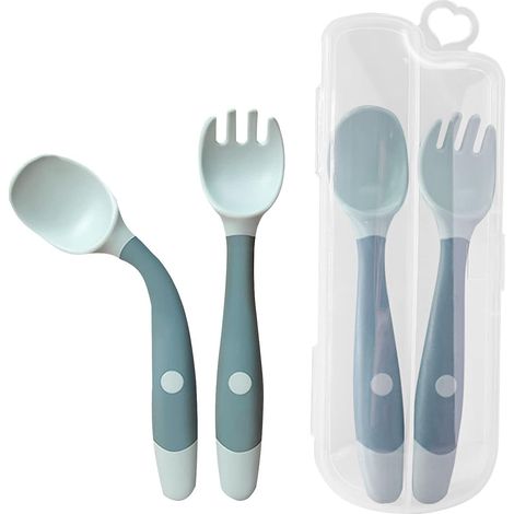 MIMOSON-Lot de 2 cuillères et fourchettes d'apprentissage pour bébés, cuillère d'apprentissage flexible, résistante à la chaleur et facile à prendre en main, pour enfants (1/5)
