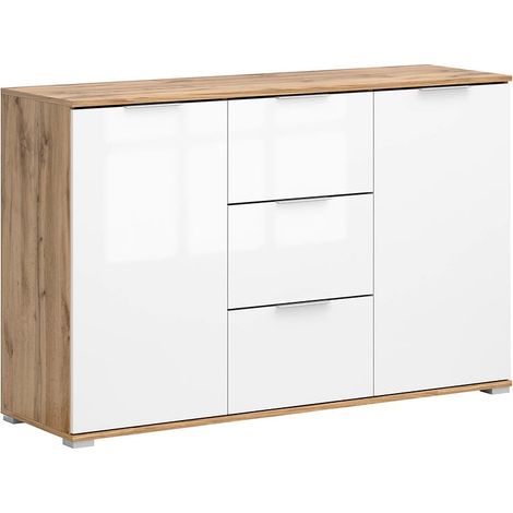 Commode meuble de rangement à 2 portes et 3 tiroirs,coloris Chêne wotan/Blanc brillant - Longueur 135 x Profondeur 41 x Hauteur 86 cm (1/5)