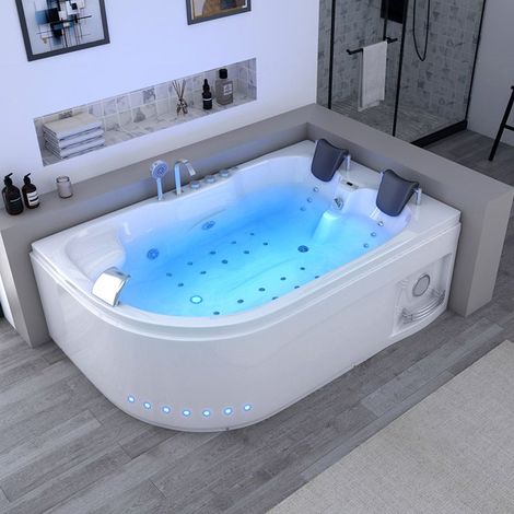 Distribain – Baignoire balnéo asymétrique 180x120cm – 30 jets hydromassage – 2 places – Acrylique renforcé – Chromothérapie et radio FM