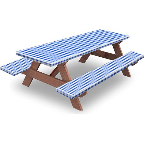 Nappe de piqué-nique 3 pièces KENOBEE, dos en franela, borde elástico, impermeable y fácil de limpiar, en vinilo, para el interior y el exterior (terraza), azul y blanco. (1/5)