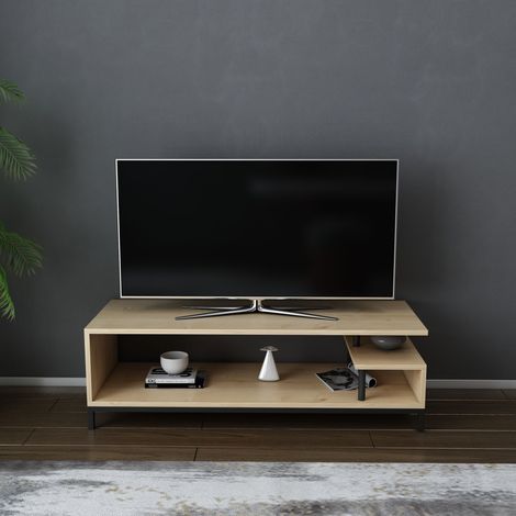 Reilly Meuble TV 120 cm Pieds en métal et étagères ouvertes (Noir et Chêne)