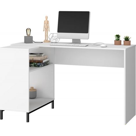 Beaux Meubles Pas Chers – Bureau d'angle blanc 135x69.5cm avec meuble de rangement 2 niches – Panneaux mélaminés – Pieds métalliques noirs modernes (1/5)