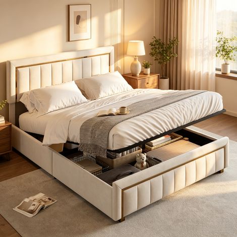 Lit coffre 180x200 cm,lit adulte,lit capitonné double avec rangement hydraulique, tête de lit en velours, bordure dorée à rayures verticales, sommier à lattes, adapté aux adultes et adolescents,blanc (1/5)