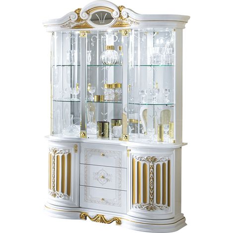 Les Tendances – Vitrine 6 portes 3 tiroirs en bois laqué brillant blanc et doré – Dimensions L 139 x H 213 x P 50 cm – Fabrication italienne