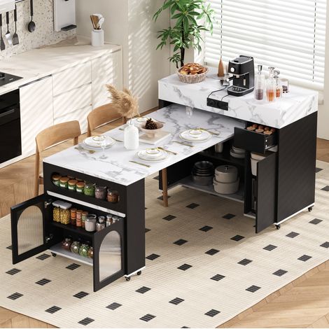 Isola cucina con ruote e tavolo allungabile con prese, 1 cassetto, vetro rigato, nera OKWISH (1/5)