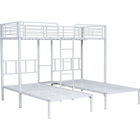 Lit superposé triple 90x200 cm en métal blanc avec échelle, garde-corps et tablette (1/5)