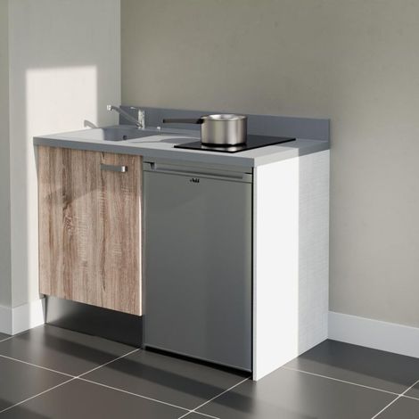 Kitchenette K08L - 120 cm - plan monobloc évier intégré Cromo- évier à gauche - Façades Bois + Electroménager inclus coloris Inox