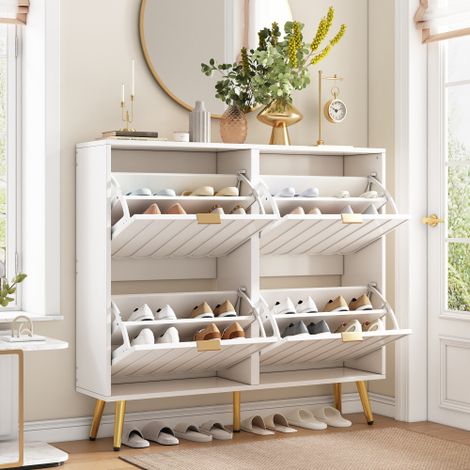 Armoire à chaussures étroite avec 4 compartiments rabattables – Meuble d’entrée compact avec système anti-basculement et étagères réglables pour tous types de chaussures, couleur blanche, dimensions :