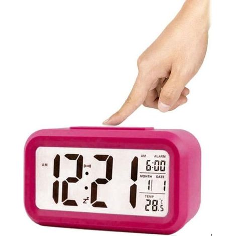 1 réveil numérique silencieux et lumineux avec date, température, heure et fonction snooze (rose) (1/4)