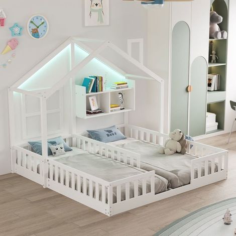 lit enfant 90x200, garde-corps lit cabane enfant, structure bois, design maison, LED intégrée, rangement, sommier inclus (1/5)