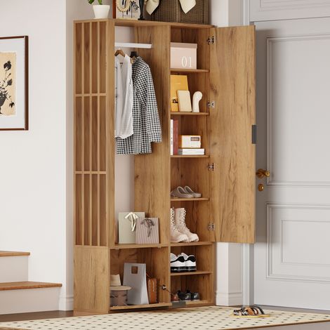 Armoire d'entrée 100x33x190 cm équipée d'un espace penderie, d'un portant et d'un miroir finition grain de bois naturel (1/5)