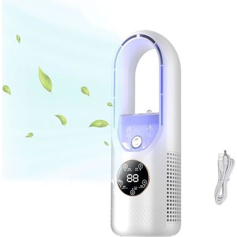 (Weißer) Tischventilator ohne Rotorblätter mit Luftbefeuchtungsfunktion, kleinem 6-stufigem Nebelventilator, Timer und LED-Beleuchtung