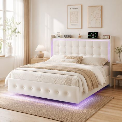 Lit 160x200 avec Sommier, Lit Flottant avec LED et Ports USB, Tête de Lit Capitonnée en Velours Beige, Cadre de Lit Adulte Moderne, sans Matelas (1/5)