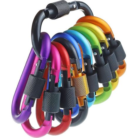 Packung mit 10 selbstsichernden Aluminium-Wanderkarabinern, zum Wandern, Campen und Angeln (Farbe zufällig). (1/5)