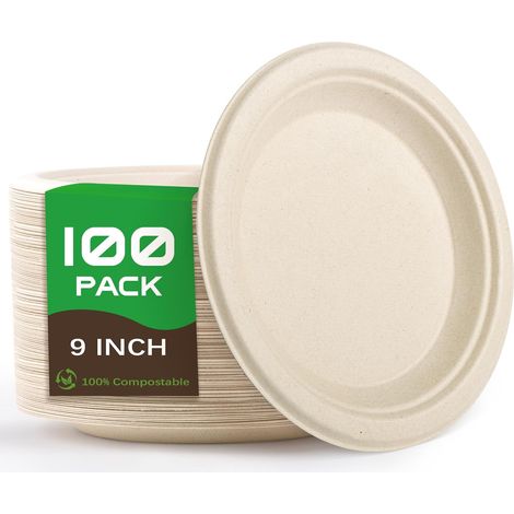 100 Assiettes, 22.8cm, Fibre de canne à sucre, Résistant chaud froid, Usage intérieur extérieur, Fête pique-nique barbecue (1/5)
