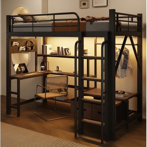 Hochbett 90x200 cm schwarz aus Metall und MDF mit Schreibtisch, Regalen, LED-Lichtleiste und USB-Anschluss (1/5)