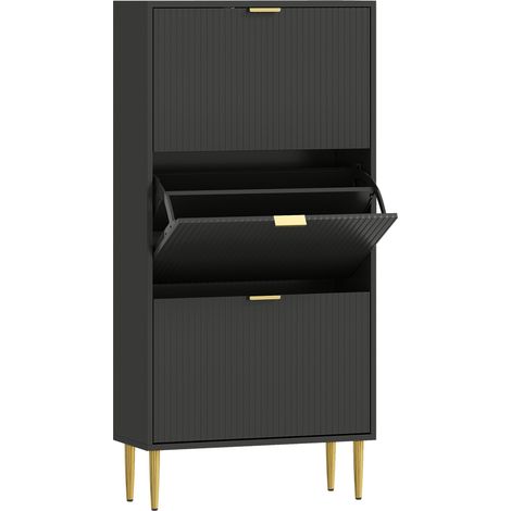Meuble Bermudo Art Déco 3 Portes Rangement Chaussures Noir Doré Luxe Élégant