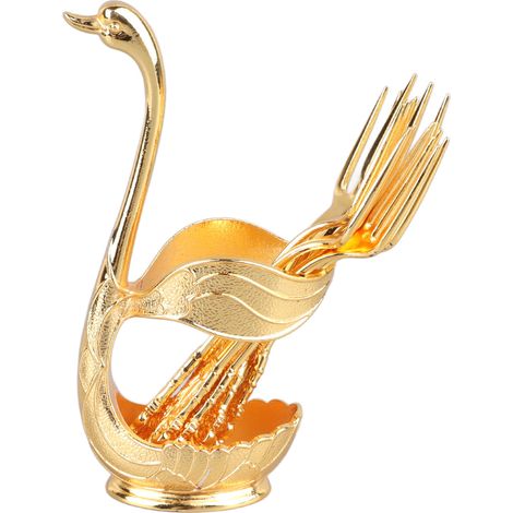 Porte-cuillère à café Élégant en forme de cygne, alliage poli miroir, détails raffinés, support pour touillettes à café, idéal fêtes, café, bureau, doré avec fourchette. (1/5)