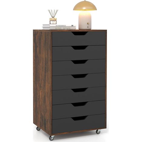 COSTWAY Cassettiera da Ufficio con 7 Cassetti, Mobiletto per Documenti con 4 Ruote Girevoli, Cassettiera da Scrivania in Legno per Ufficio e Soggiorno, 49 x 40 x 87 cm (Marrone Rustico + Nero) (1/5)