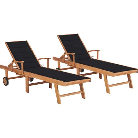 Chaises longues lot de 2 avec coussin noir Bois de teck solide (1/5)