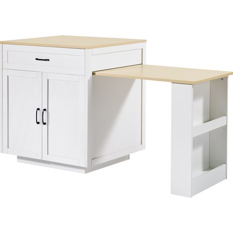 Table haute extensible avec rangement, 133-202×70×93,5 cm, 2 tiroirs, 2 compartiments, roulettes freinables, blanc (1/5)