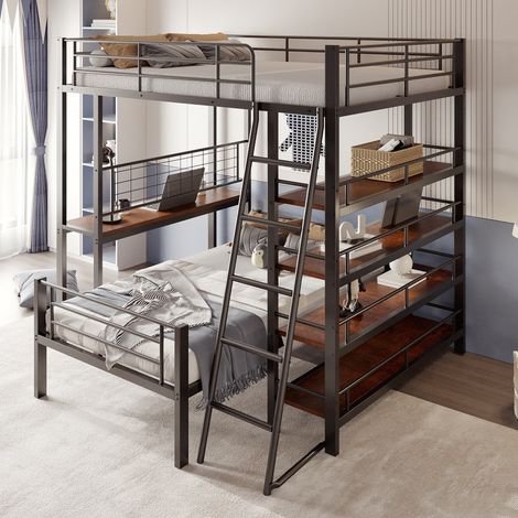 Strutture letto a castello 140 x 200 cm, Letto a castello matrimoniale con base in metallo, Spazi contenitore multipli, Sponda di sicurezza, Design moderno, Adatto per adolescenti e adulti, Nero (1/5)