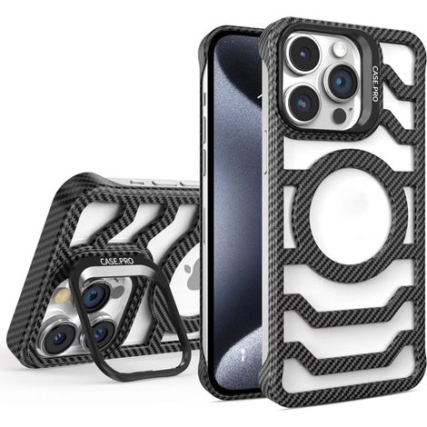 Custodia protettiva aperta in fibra di carbonio per iPhone 12/13/14/15/5/7 Plus/Pro Max, con design a flusso d'aria magnetico, grigia. (1/2)