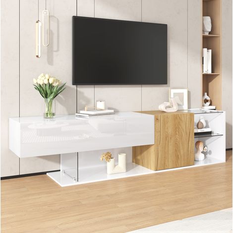 TV-Kommode aus Spanplatte in Weiß/Natur, 180,0 x 38,0 x 48,0 cm, mit Stauraum, Glasregalen und teilweiser Hochglanzfront (1/5)