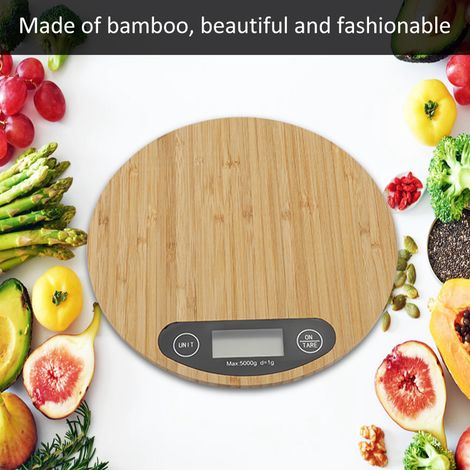 Runde elektrische Küchenwaage aus Bambus mit LED-Anzeige, präzises Wiegen von Lebensmitteln bis zu 5 kg/1 g zum Kochen (1/5)