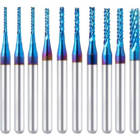 Lot de 10 mèches de fraisage CNC 0,8-3,175 mm avec revêtement nano bleu pour fraisage, bois, plastique, gravure PCB (1/5)