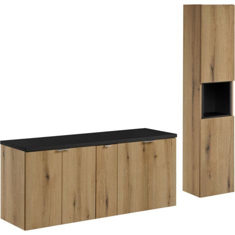 Set da bagno sospeso VANO effetto rovere e nero 170cm: mobili sotto lavabo con armadietti + piano per lavabo + colonna