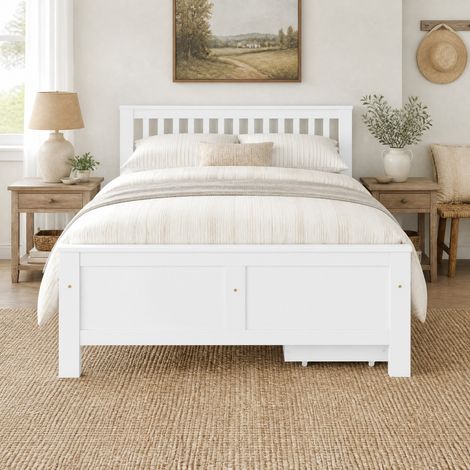 Letto 140x200 cm in pino e MDF bianco con cassetti salvaspazio, senza materasso – MEUBLIV (1/5)