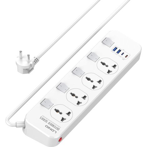 Multiprise Multifonction,4 Prises Universelles, Protection Contre Les Surcharges,2 x USB-A,1x Type-C,1 x 20W USB-C PD,5 Interrupteur de Sécurité Indépendant, Câble d'alimentation de 2m (1/5)