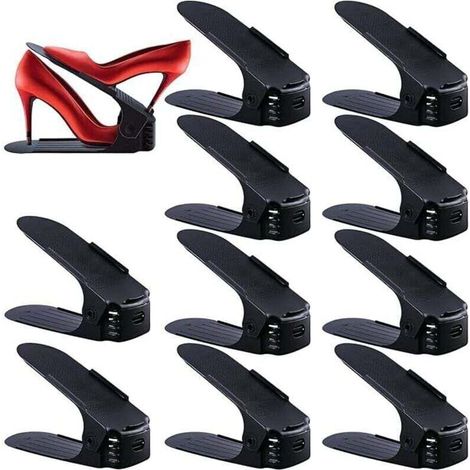 Lot de 10 étagères à chaussures réglables/empileurs, organisateurs, étagères à chaussures peu encombrantes (noir) (1/4)
