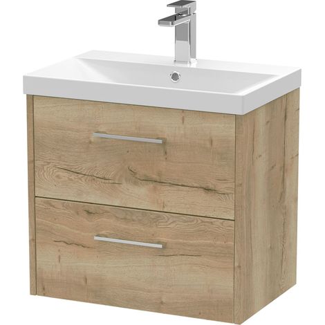 Winshill Contemporary 2 Drawer Wall Hung Vanity Unit with Thin Edge Basin, Light Oak, 600mm